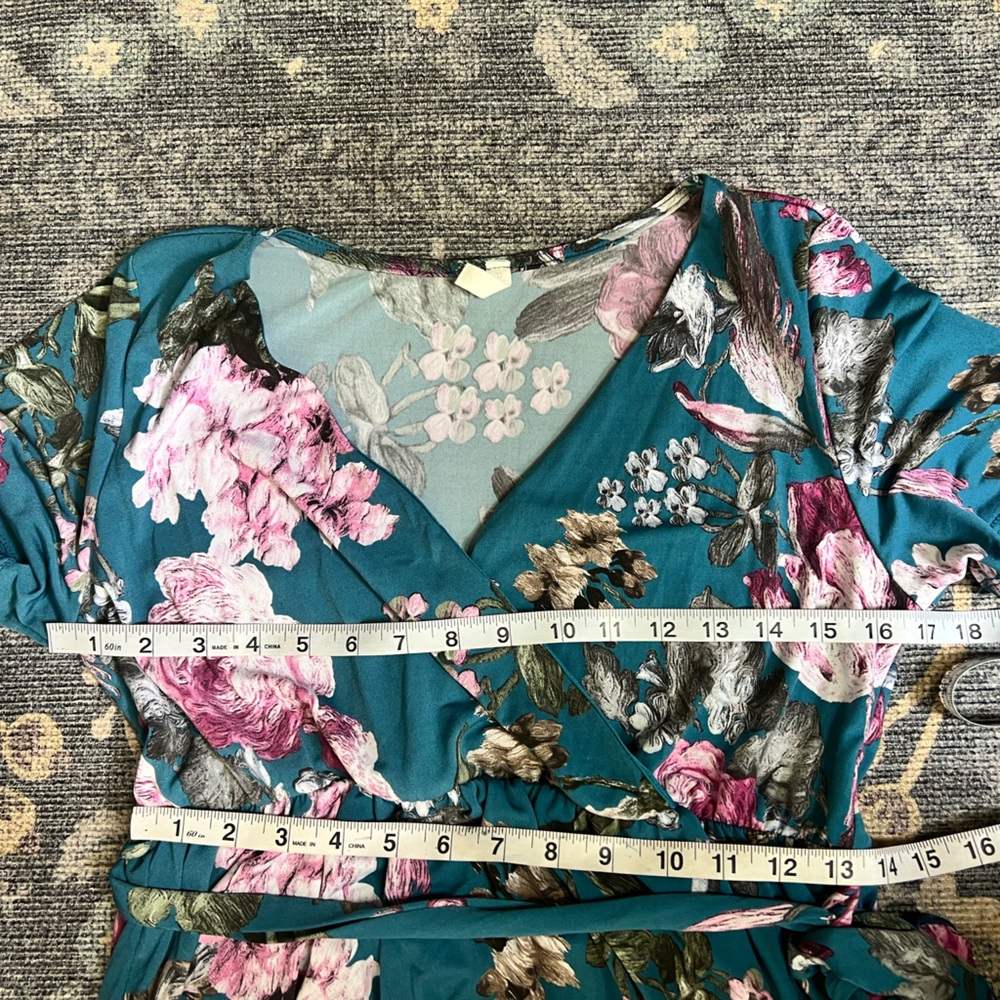 Teal Floral Wrap Midi Dress with Belt - Picture 5 of 6
